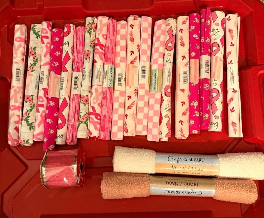 Breast Cancer Awareness Pink Ribbon Fabric Lot Crafters Square Wreath Destash